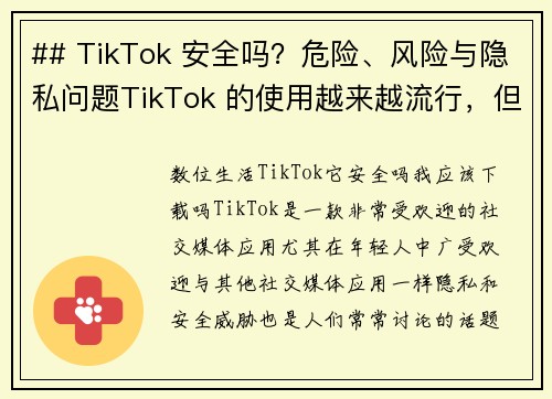 ## TikTok 安全吗？危险、风险与隐私问题TikTok 的使用越来越流行，但随之而来的安全